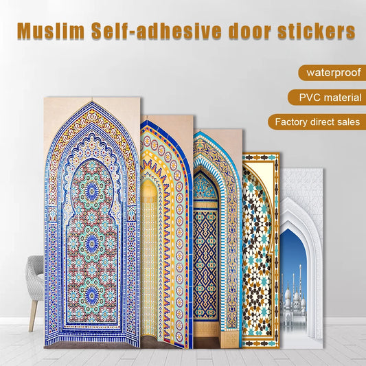 2pcs/set Muslim Styles Simulation Door DIY Door Art Mural Sticker Home Decor Living Room Bedroom Peel & Stick PVC Art Wallpaper