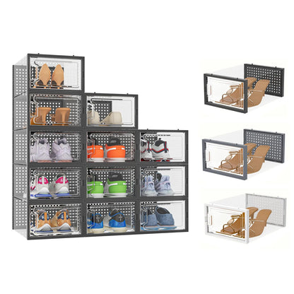 12 Pack Shoe Organizer Boxes, Black Plastic Stackable Shoe Storage Bins For Closet,Space Saving Shoe Holder Sneaker Display Case