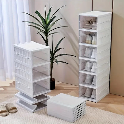 1pc 6-layer Contemporary Style Collapsible Shoe Rack, Free Standing Plastic Storage Bins With Lids, Stackable, Clear, Dustproof