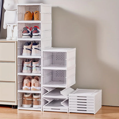 1pc 6-layer Contemporary Style Collapsible Shoe Rack, Free Standing Plastic Storage Bins With Lids, Stackable, Clear, Dustproof