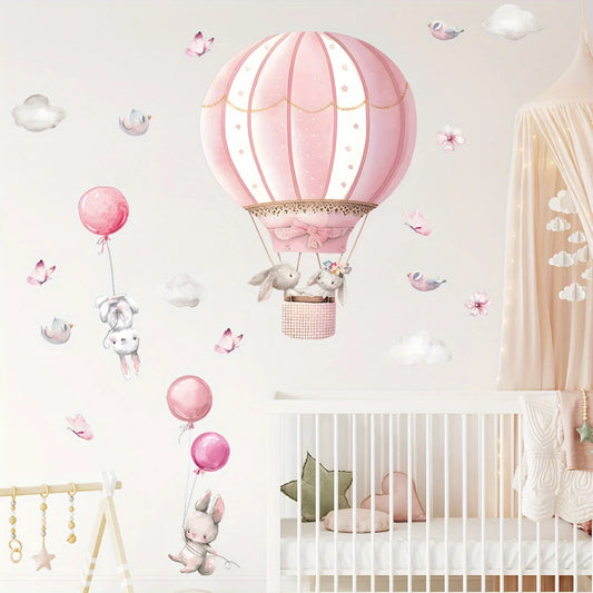 2pcs Cartoon Cute Rabbit Pink Balloon Clouds Wall Stickers for Kids Room Decor Children's Living Room Nursery Wall Decoration