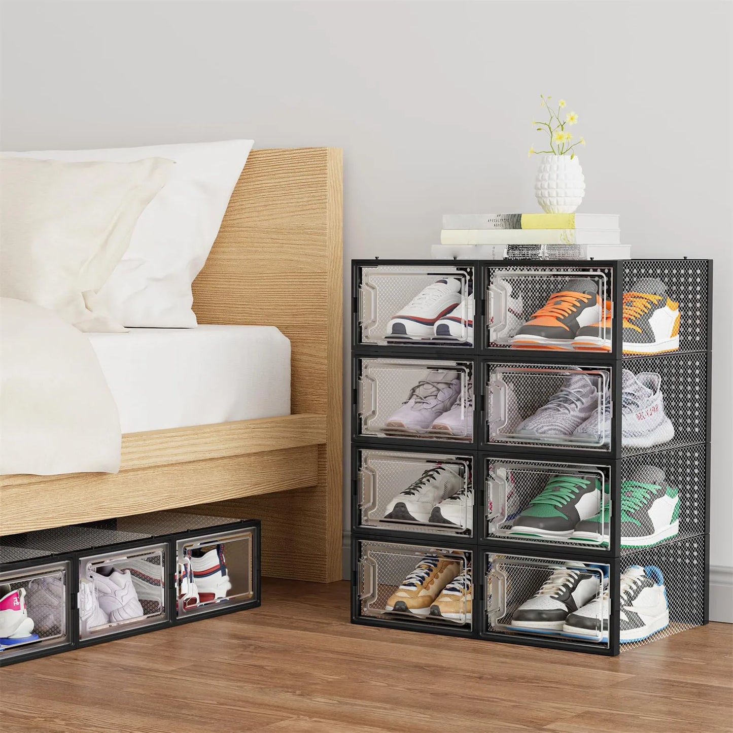 12 Pack Shoe Organizer Boxes, Black Plastic Stackable Shoe Storage Bins For Closet,Space Saving Shoe Holder Sneaker Display Case