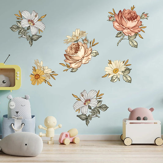 Vintage Peony Flower Wall Sticker Bedroom Living Room Soft Nursery Floral Wall Decal Kitchen Vinyl Home Decor